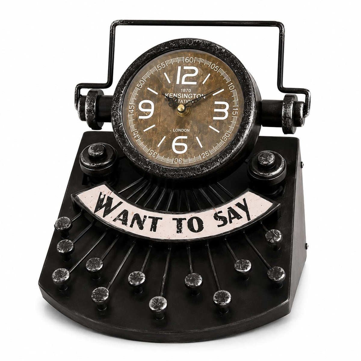 Vintage Table Clock – Telephone, Typewriter, Train, Lantern or Gas Bottle - Black Typewriter