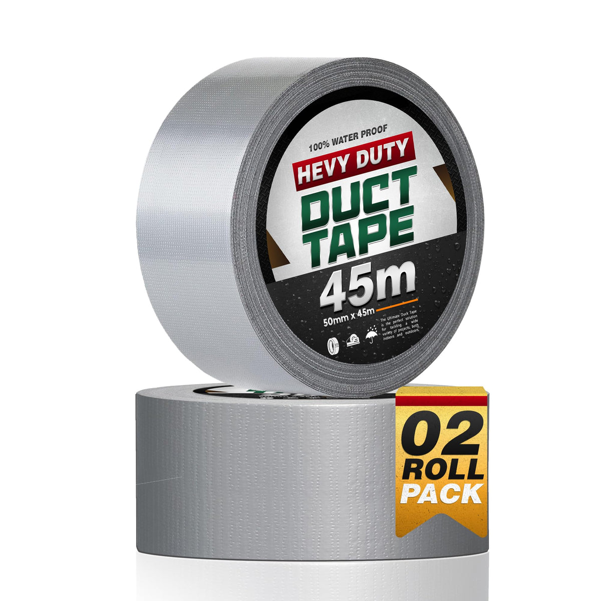 Cloth Duct Tape 48 mm x 45 m, Silver – 2, 3, 4, 5 or 10 Rolls - 2 Rolls, 90 m