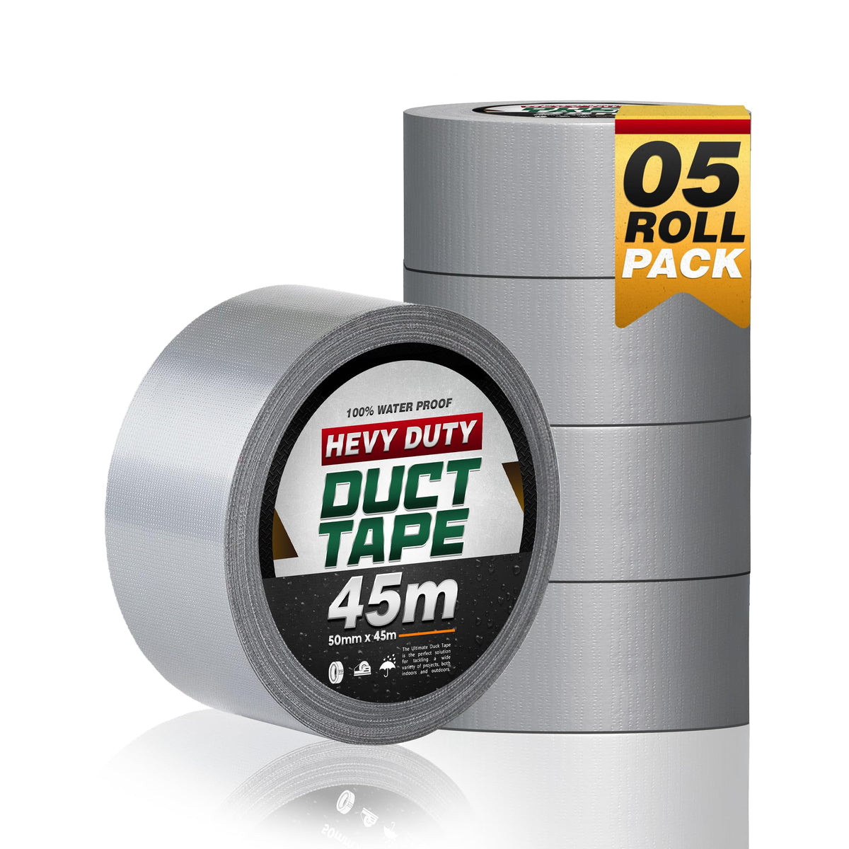 Cloth Duct Tape 48 mm x 45 m, Silver – 2, 3, 4, 5 or 10 Rolls - 5 Rolls, 225 m