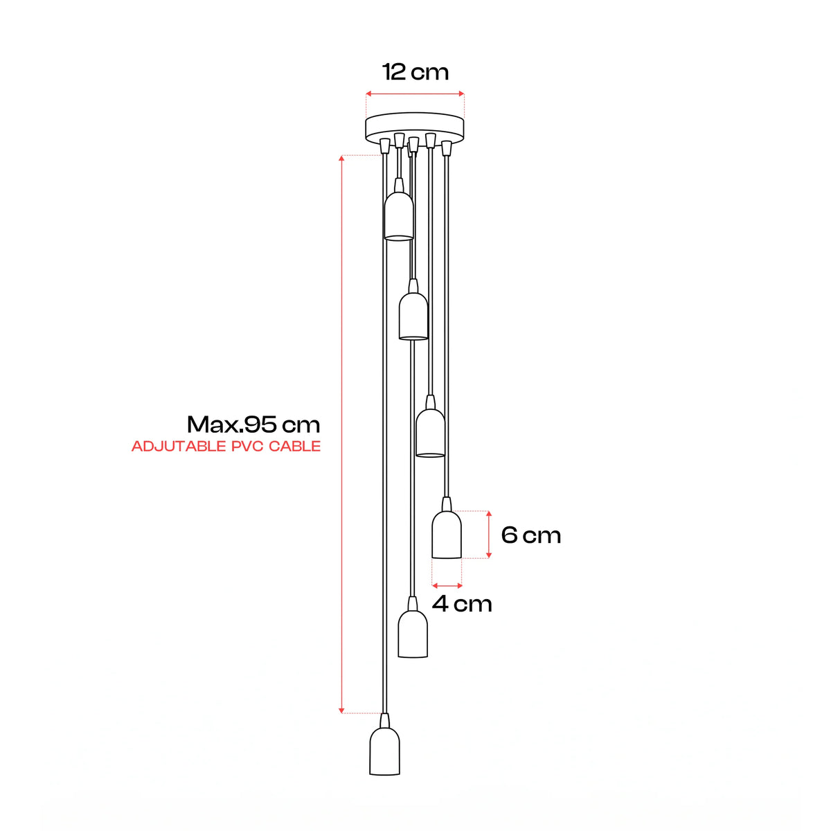 6-Light Cluster Pendant – Chrome or Satin Nickel, 95 cm Drop, E27 - photo 2