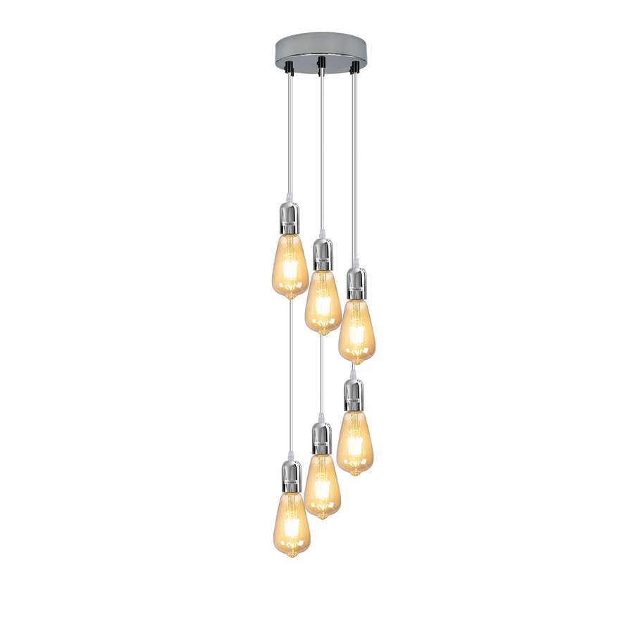 6-Light Cluster Pendant – Chrome or Satin Nickel, 95 cm Drop, E27 - Chrome, No Shade, 6 x ST64 Bulbs