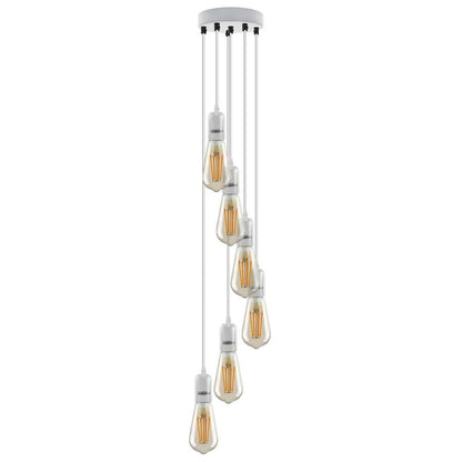 6 Light Cluster Pendant – White, 12 cm Rose, E27, Staggered - White, No Shade, ST64 Bulb
