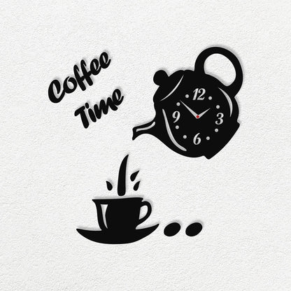 Coffee Time Teapot Wall Clock Sticker – 3D Black Acrylic, DIY - photo 2