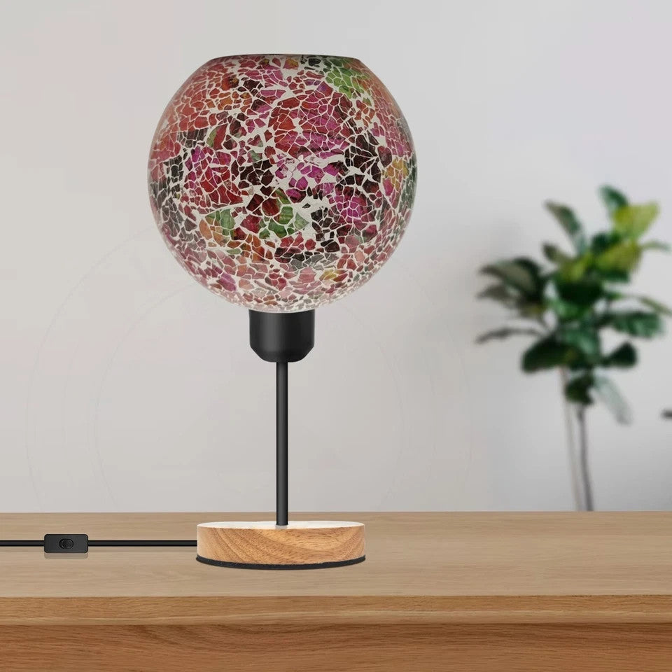 Colourful Mosaic Glass Table Lamp E27 Plug in Wooden Base - ST64 LED Bulb 6W