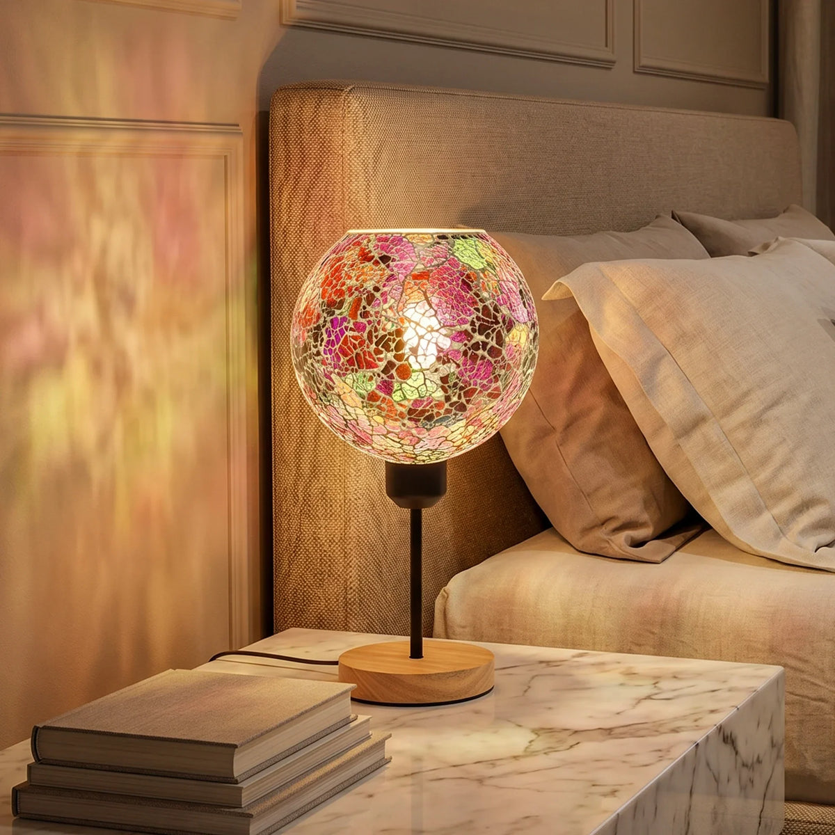 Colourful Mosaic Glass Table Lamp E27 Plug in Wooden Base