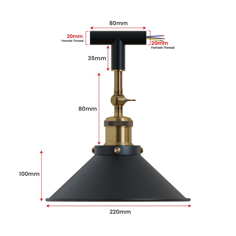 Conduit Tee Pendant Light Fitting – Black, Brass Switch Holder, E27 - photo 5