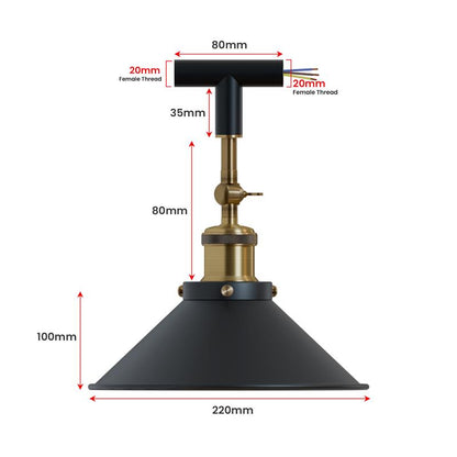 Conduit Tee Pendant Light Fitting – Black, Brass Switch Holder, E27 - photo 5