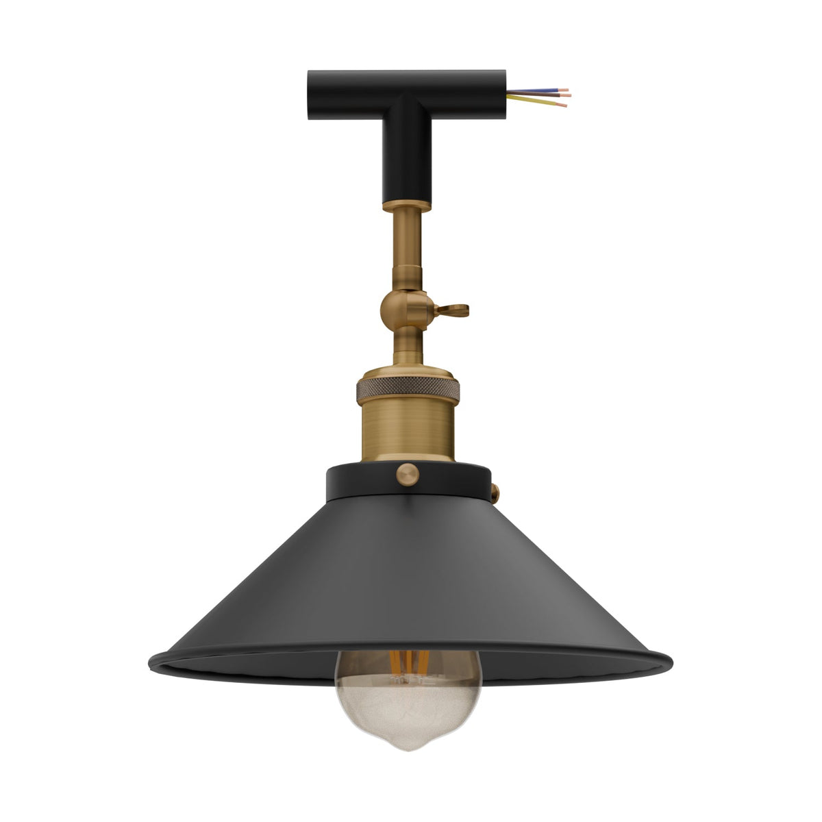 Conduit Tee Pendant Light Fitting – Black, Brass Switch Holder, E27 - photo 8
