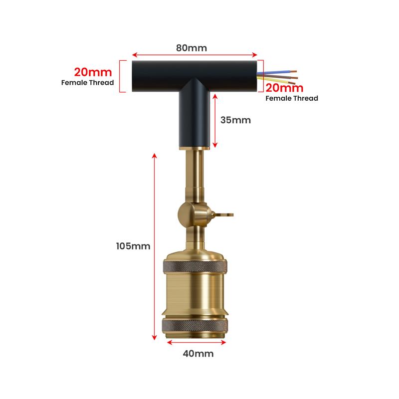 Conduit Tee Pendant Light Fitting – Black, Brass Switch Holder, E27 - photo 2