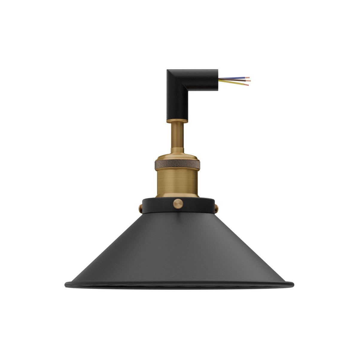 Conduit Elbow Light Fitting – Brass E27 Holder, With or Without Cone Shade - Black, Flat Cone 22 cm Black, Without Bulb