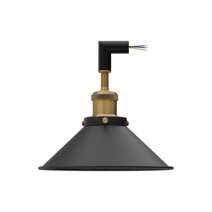 Conduit Elbow Light Fitting – Brass E27 Holder, With or Without Cone Shade - Black, Flat Cone 22 cm Black, Without Bulb