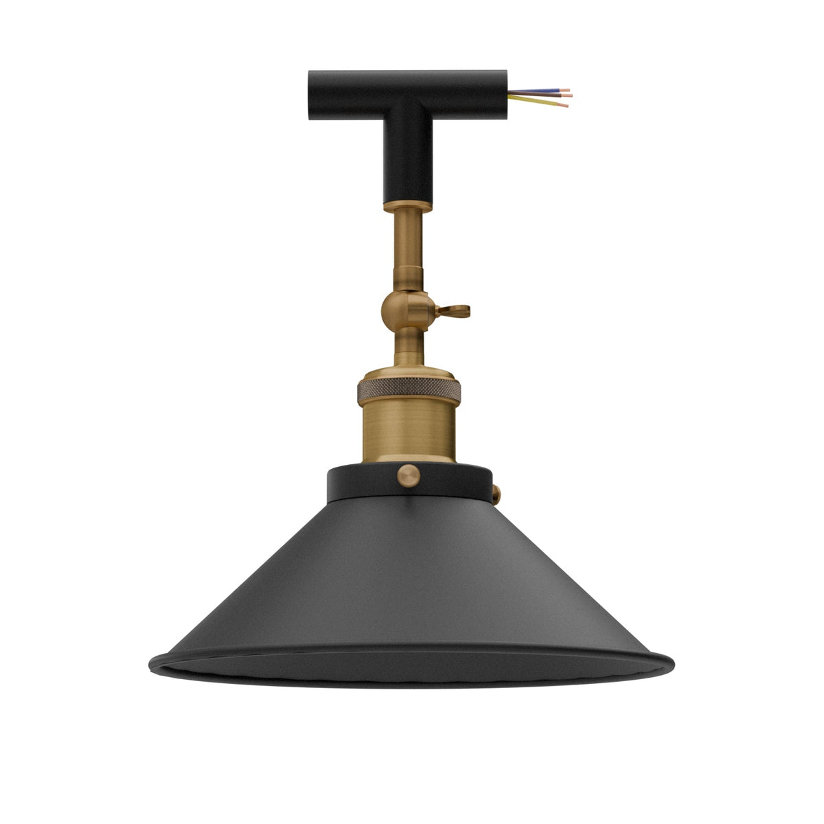 Conduit Tee Pendant Light Fitting – Black, Brass Switch Holder, E27 - Black, Flat Cone 22 cm Black, Without Bulb