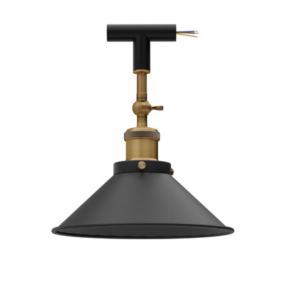 Conduit Tee Pendant Light Fitting – Black, Brass Switch Holder, E27 - Black, Flat Cone 22 cm Black, Without Bulb