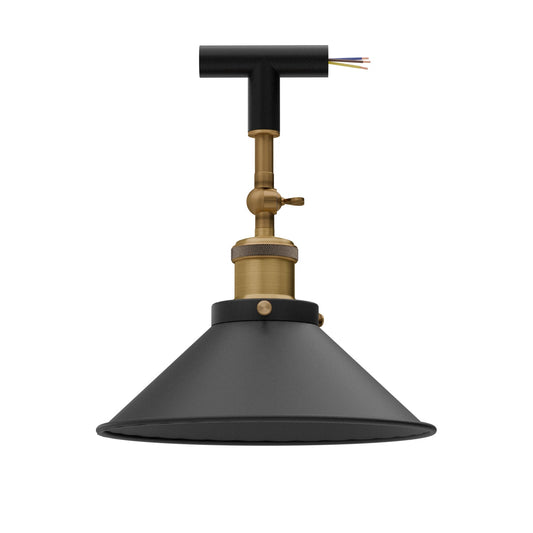 Conduit Tee Pendant Light Fitting – Black, Brass Switch Holder, E27 - Black, Flat Cone 22 cm Black, Without Bulb