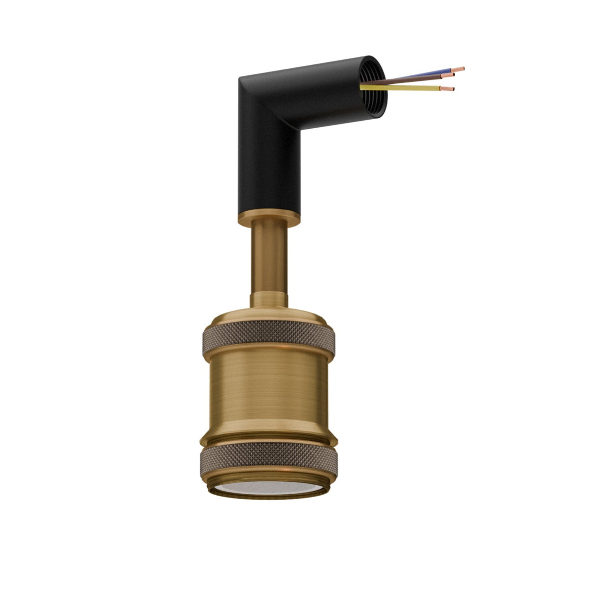 Conduit Elbow Light Fitting – Brass E27 Holder, With or Without Cone Shade - Black, No Shade, Without Bulb