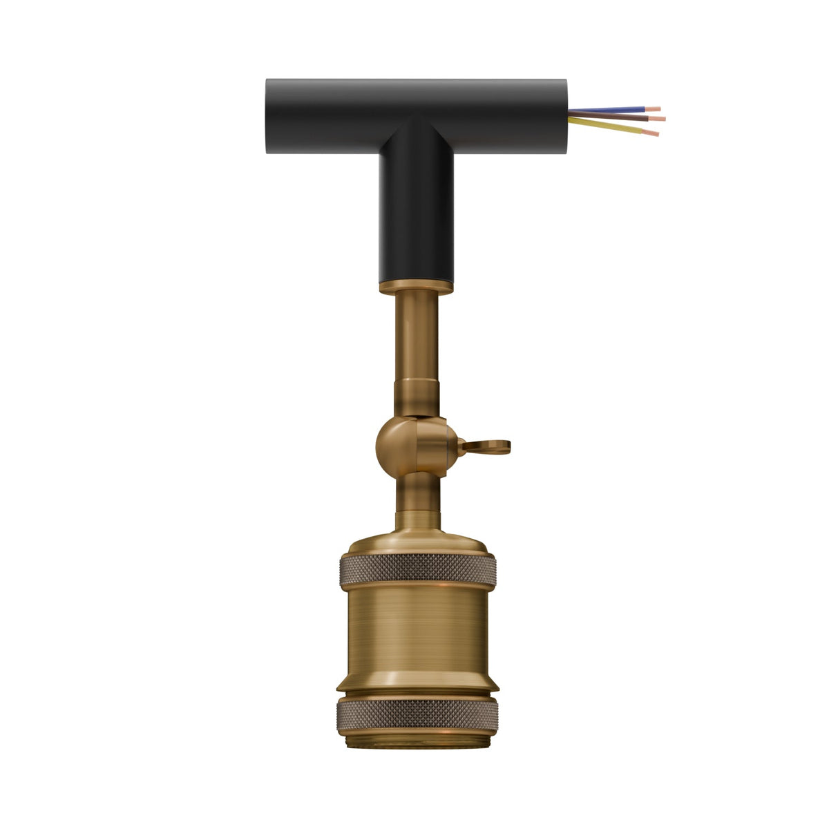 Conduit Tee Pendant Light Fitting – Black, Brass Switch Holder, E27 - Black, No Shade, Without Bulb
