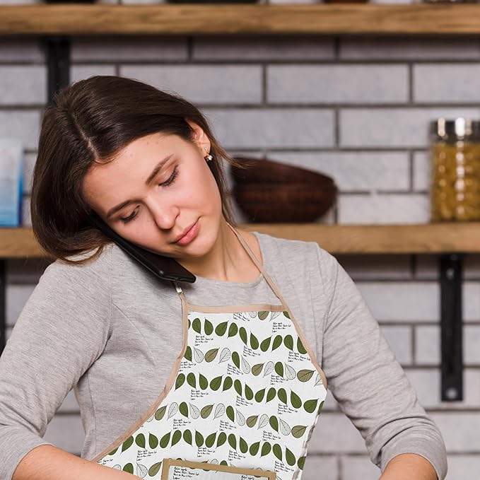 Woman wearing a patterned apron in a kitchen setting