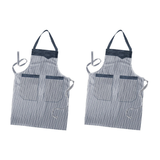 Double Pocket Cotton Aprons, Pack of 2 – Black or Red Fine Stripe - Black & White Stripe, Pack of 2