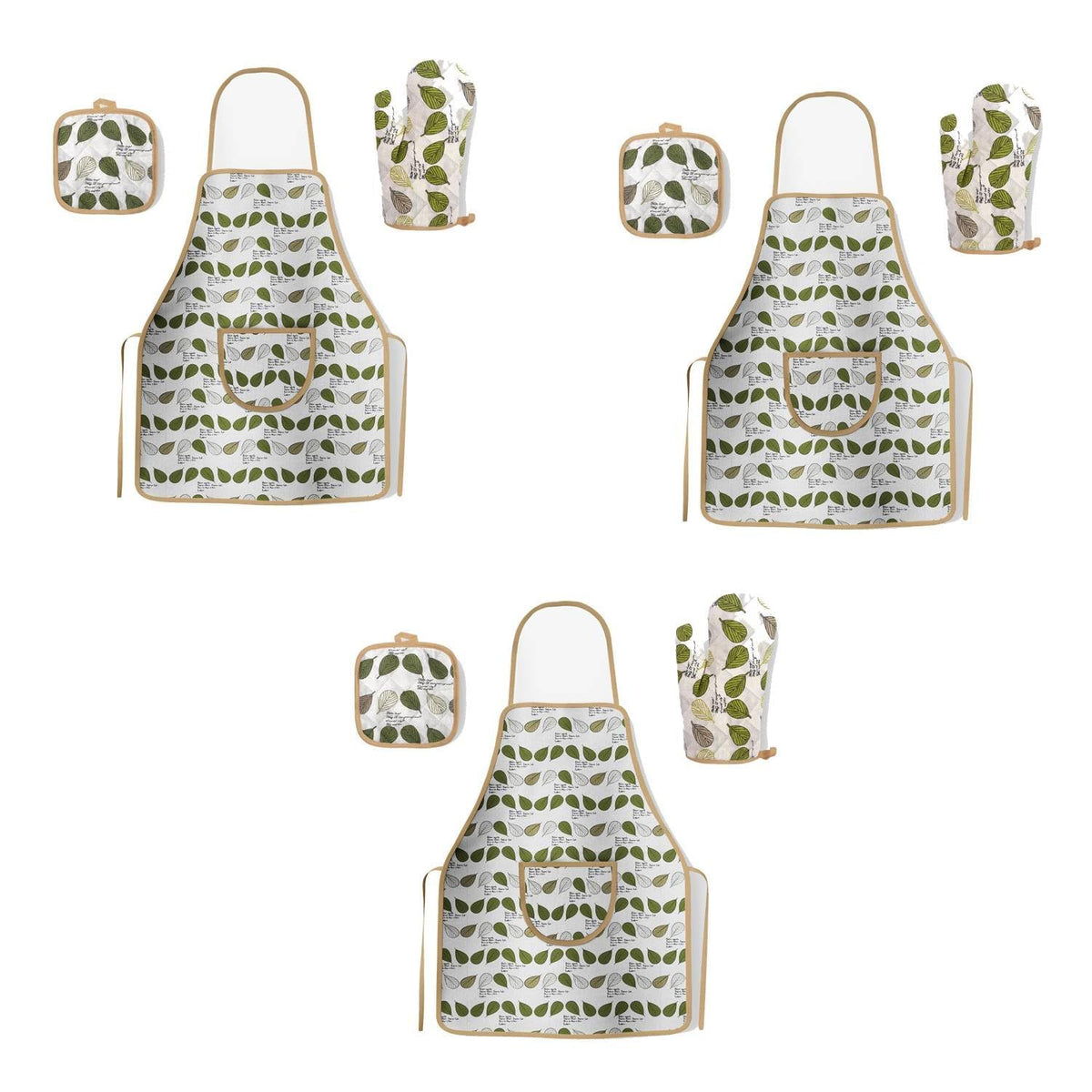 Cotton Bib Aprons – 9 Designs, Single, Pack of 2 or Pack of 3 - Green Leaf Print with Glove & Pot Holder, Pack of 3
