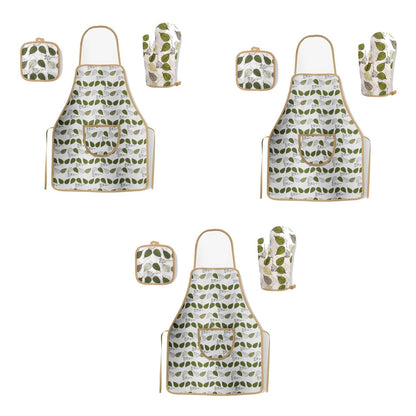 Cotton Bib Aprons – 9 Designs, Single, Pack of 2 or Pack of 3 - Green Leaf Print with Glove & Pot Holder, Pack of 3
