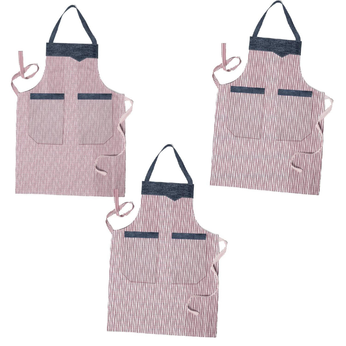 Cotton Bib Aprons – 9 Designs, Single, Pack of 2 or Pack of 3 - Red & White Stripe, Double Pocket, Pack of 3
