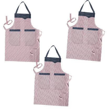 Cotton Bib Aprons – 9 Designs, Single, Pack of 2 or Pack of 3 - Red & White Stripe, Double Pocket, Pack of 3