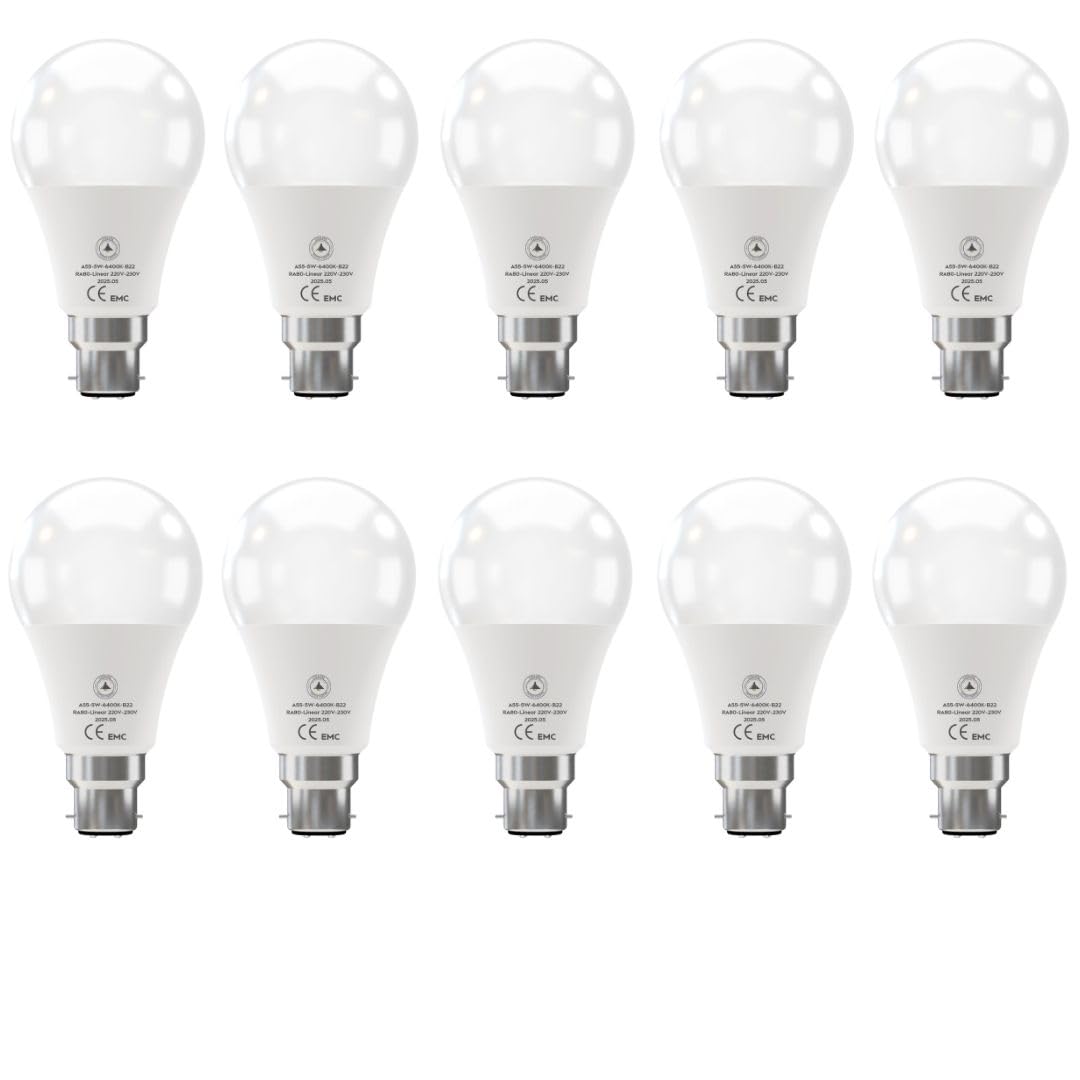 Cool White LED GLS Bulbs 6500K – A55, A60, A65, A95 & T75 - A55 5W, B22, Pack of 10