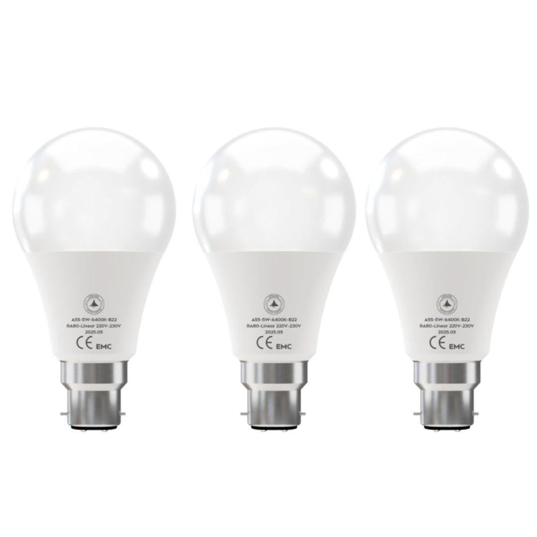 Cool White LED GLS Bulbs 6500K – A55, A60, A65, A95 & T75 - A55 5W, B22, Pack of 3