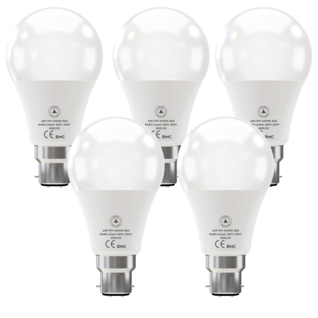 Cool White LED GLS Bulbs 6500K – A55, A60, A65, A95 & T75 - A55 5W, B22, Pack of 5