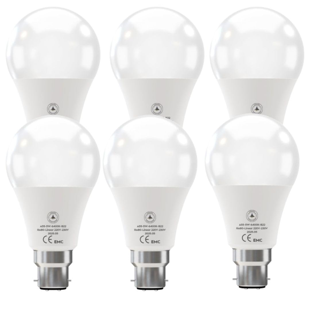 Cool White LED GLS Bulbs 6500K – A55, A60, A65, A95 & T75 - A55 5W, B22, Pack of 6