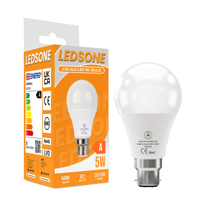 Cool White LED GLS Bulbs 6500K – A55, A60, A65, A95 & T75 - A55 5W, B22, Single