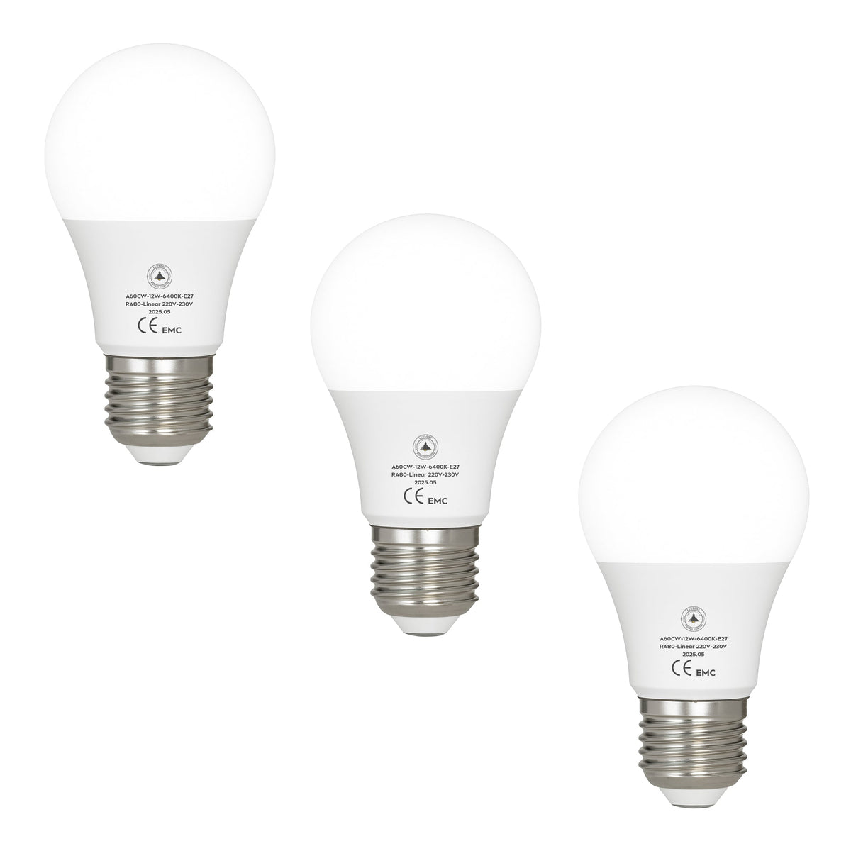 Cool White LED GLS Bulbs 6500K – A55, A60, A65, A95 & T75 - A60H 12W, E27, Pack of 3