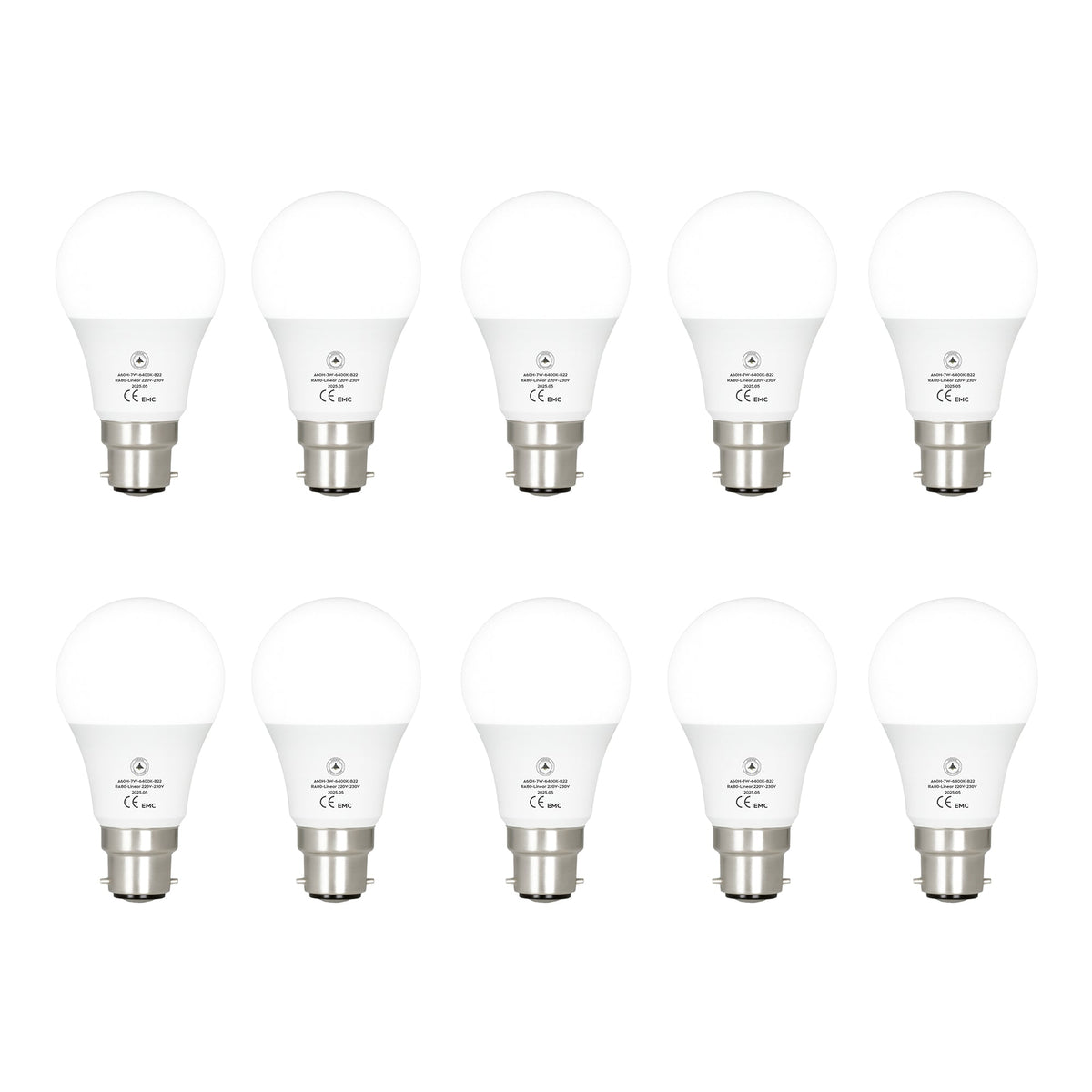 Cool White LED GLS Bulbs 6500K – A55, A60, A65, A95 & T75 - A60H 7W, B22, Pack of 10