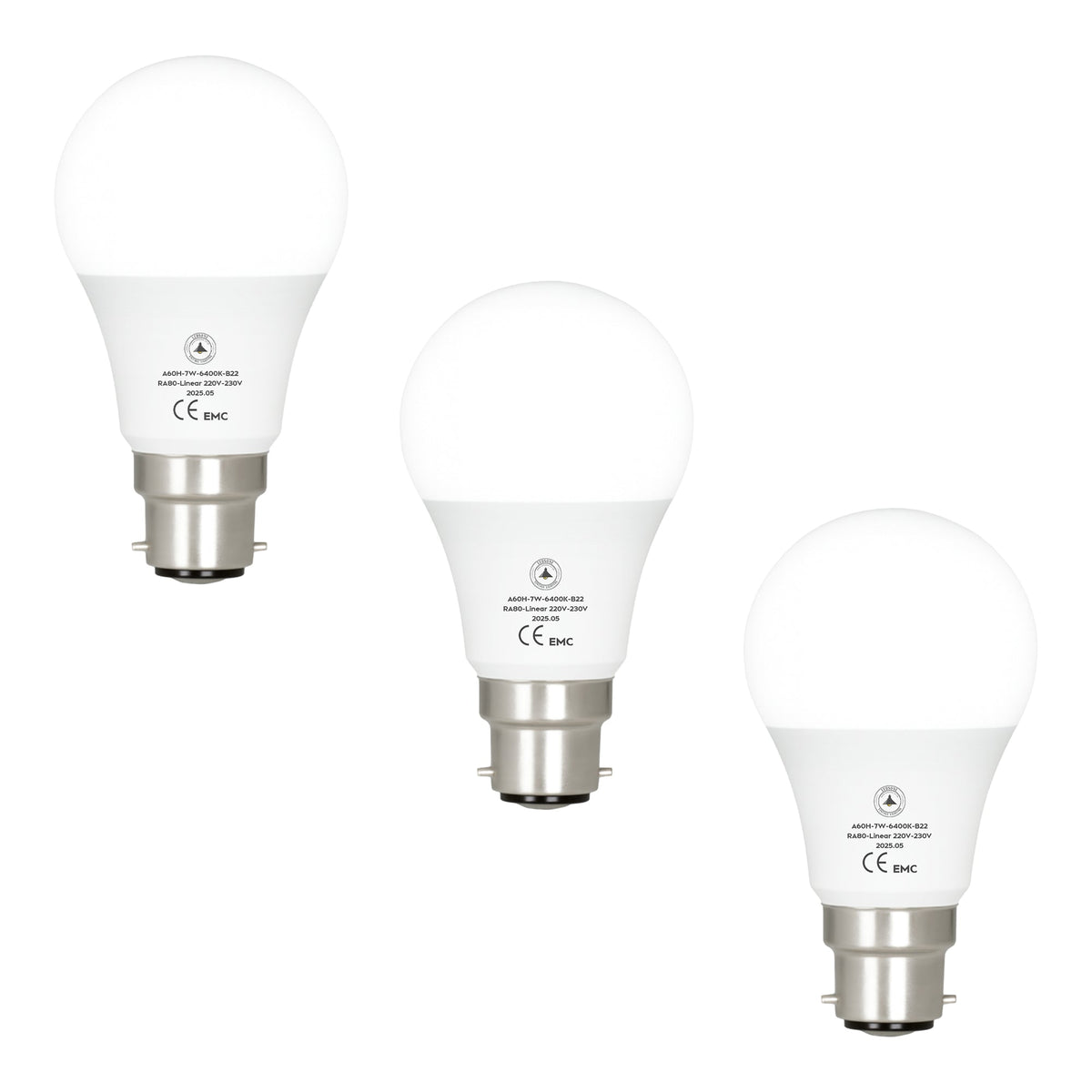 Cool White LED GLS Bulbs 6500K – A55, A60, A65, A95 & T75 - A60H 7W, B22, Pack of 3