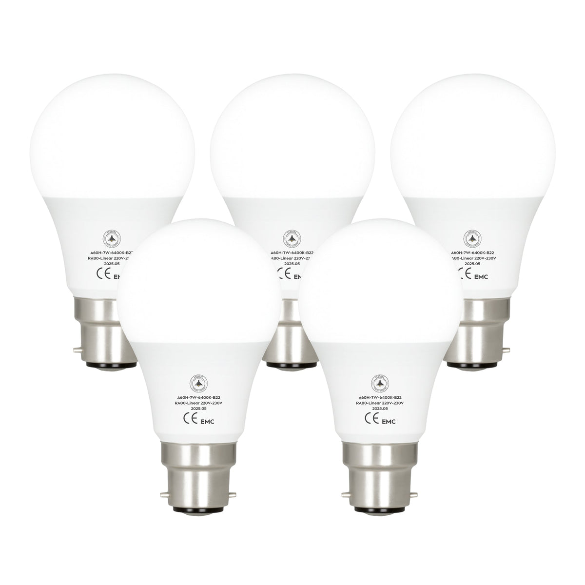 Cool White LED GLS Bulbs 6500K – A55, A60, A65, A95 & T75 - A60H 7W, B22, Pack of 5