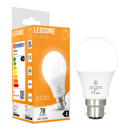 Cool White LED GLS Bulbs 6500K – A55, A60, A65, A95 & T75 - A60H 7W, B22, Single