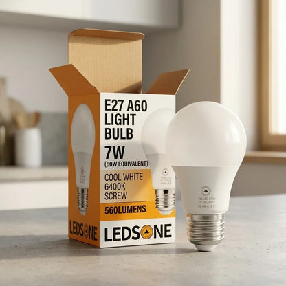 Cool White LED GLS Bulbs 6500K – A55, A60, A65, A95 & T75 - A60H 7W, E27, Single