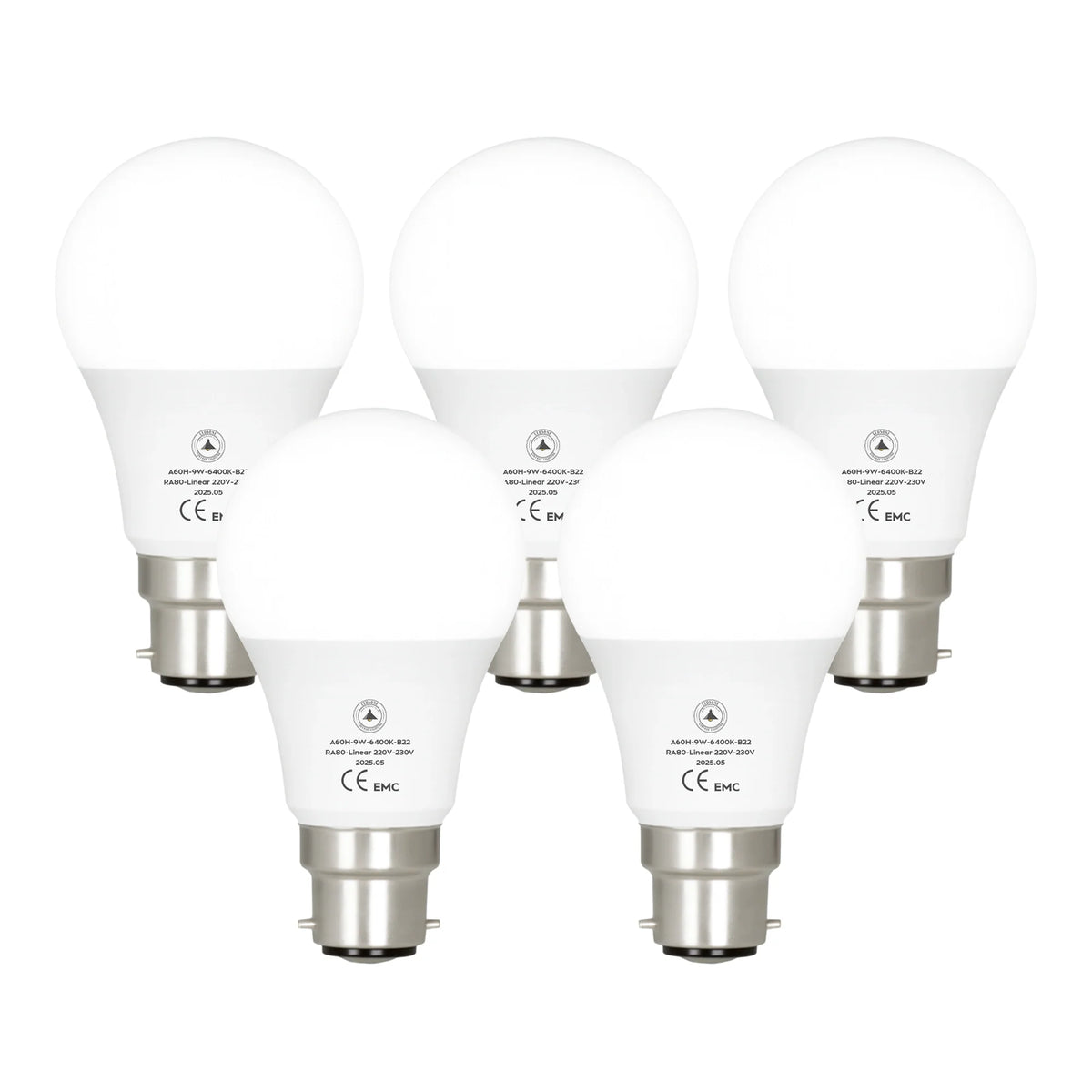 Cool White LED GLS Bulbs 6500K – A55, A60, A65, A95 & T75 - A60H 9W, B22, Pack of 5