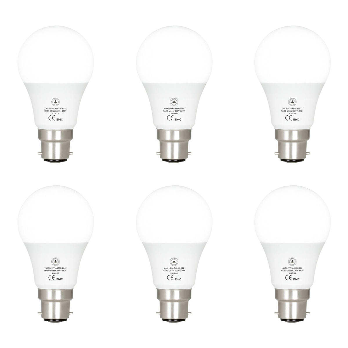 Cool White LED GLS Bulbs 6500K – A55, A60, A65, A95 & T75 - A60H 9W, B22, Pack of 6