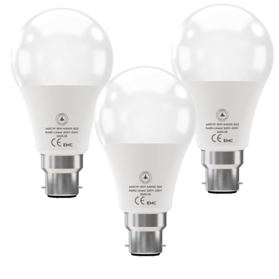 Cool White LED GLS Bulbs 6500K – A55, A60, A65, A95 & T75 - A65H 15W, B22, Pack of 3