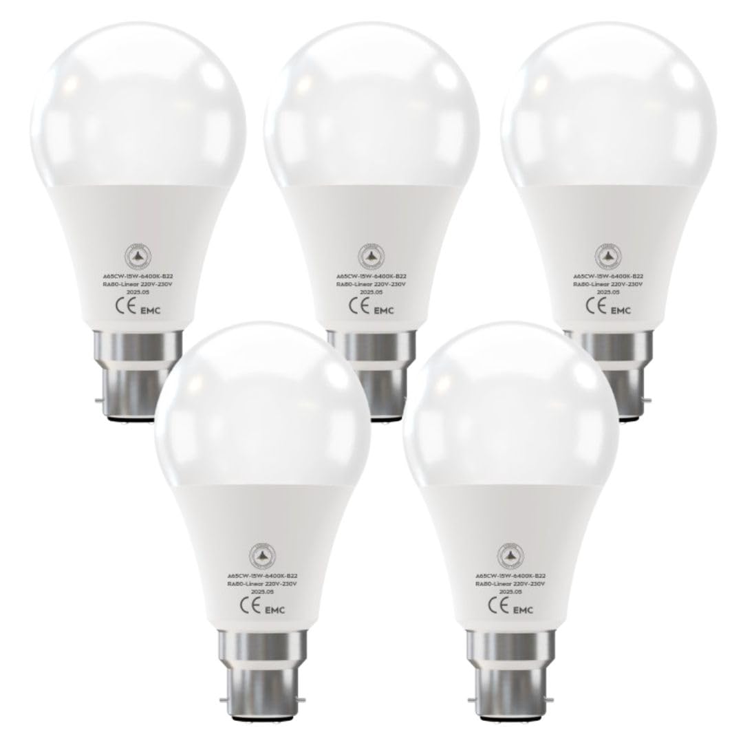 Cool White LED GLS Bulbs 6500K – A55, A60, A65, A95 & T75 - A65H 15W, B22, Pack of 5