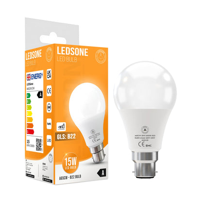 Cool White LED GLS Bulbs 6500K – A55, A60, A65, A95 & T75 - A65H 15W, B22, Single
