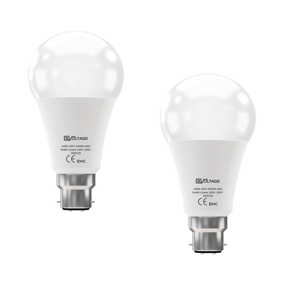 Cool White LED GLS Bulbs 6500K – A55, A60, A65, A95 & T75 - A95 22W, B22, Pack of 2