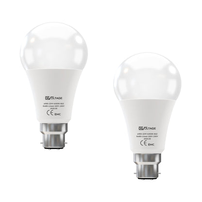 Cool White LED GLS Bulbs 6500K – A55, A60, A65, A95 & T75 - A95 22W, B22, Pack of 2