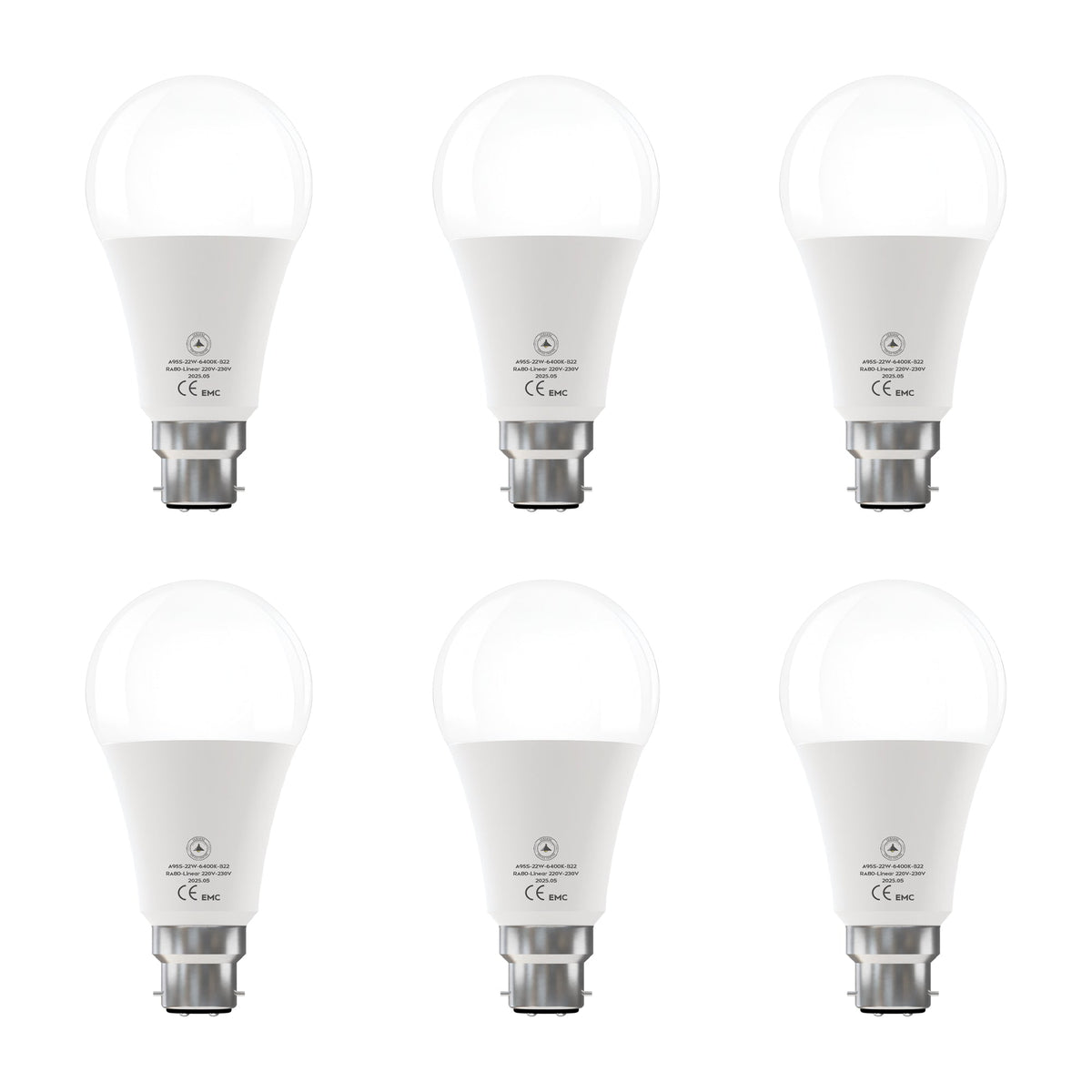 Cool White LED GLS Bulbs 6500K – A55, A60, A65, A95 & T75 - A95 22W, B22, Pack of 6