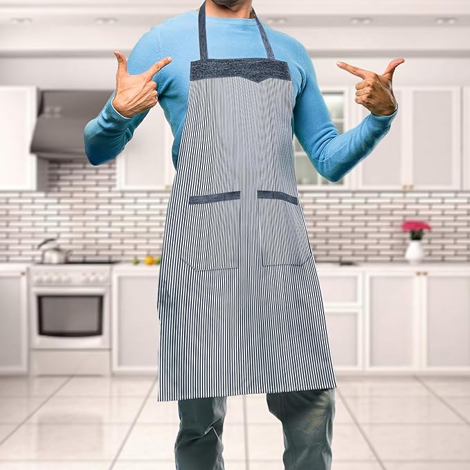 Double Pocket Cotton Apron – Black or Red Fine Stripe, Denim-Look Trim - photo 3