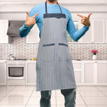 Double Pocket Cotton Apron – Black or Red Fine Stripe, Denim-Look Trim - photo 3