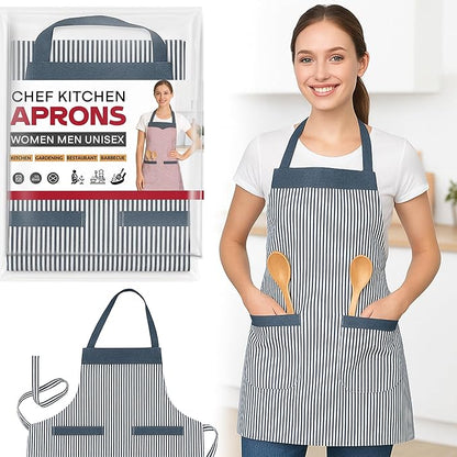 Double Pocket Cotton Apron – Black or Red Fine Stripe, Denim-Look Trim - Black & White Stripe