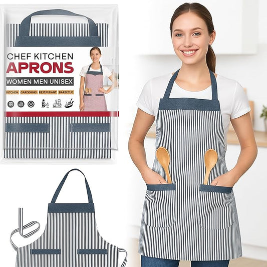 Double Pocket Cotton Apron – Black or Red Fine Stripe, Denim-Look Trim - Black & White Stripe