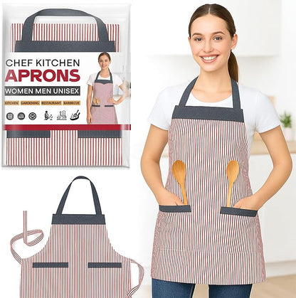 Double Pocket Cotton Apron – Black or Red Fine Stripe, Denim-Look Trim - Red & White Stripe